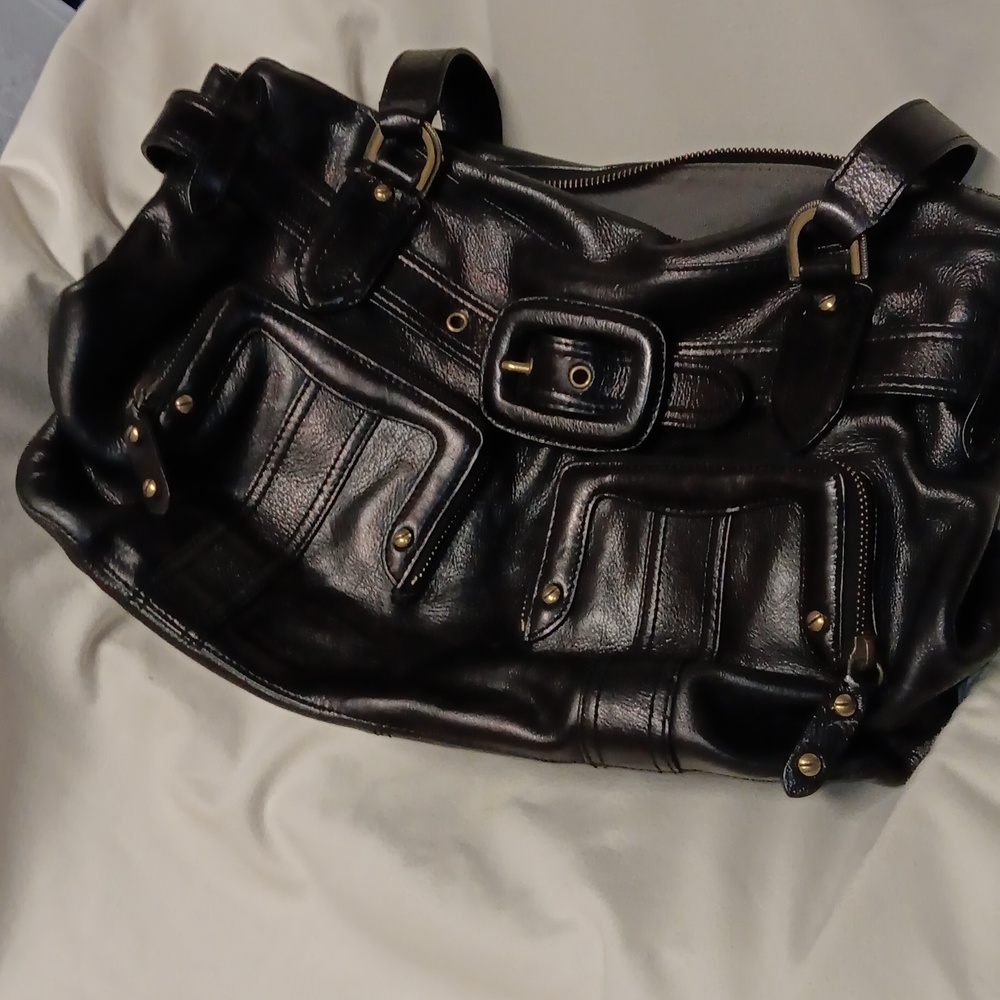 COLE HAAN Black Pebbled Leather Handbag Satchel Buckle Studded Purse